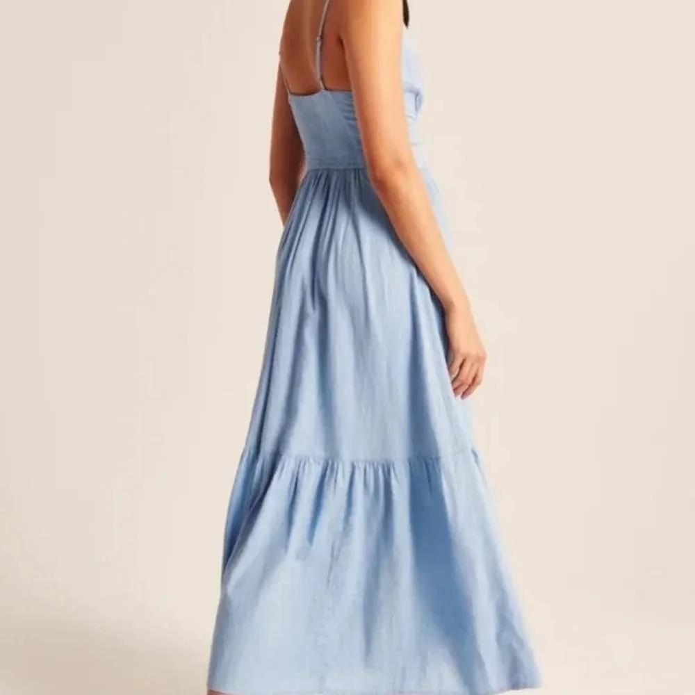 Abercrombie & Fitch Button Through Maxi Dress Light Blue V-Neck Smocked Small